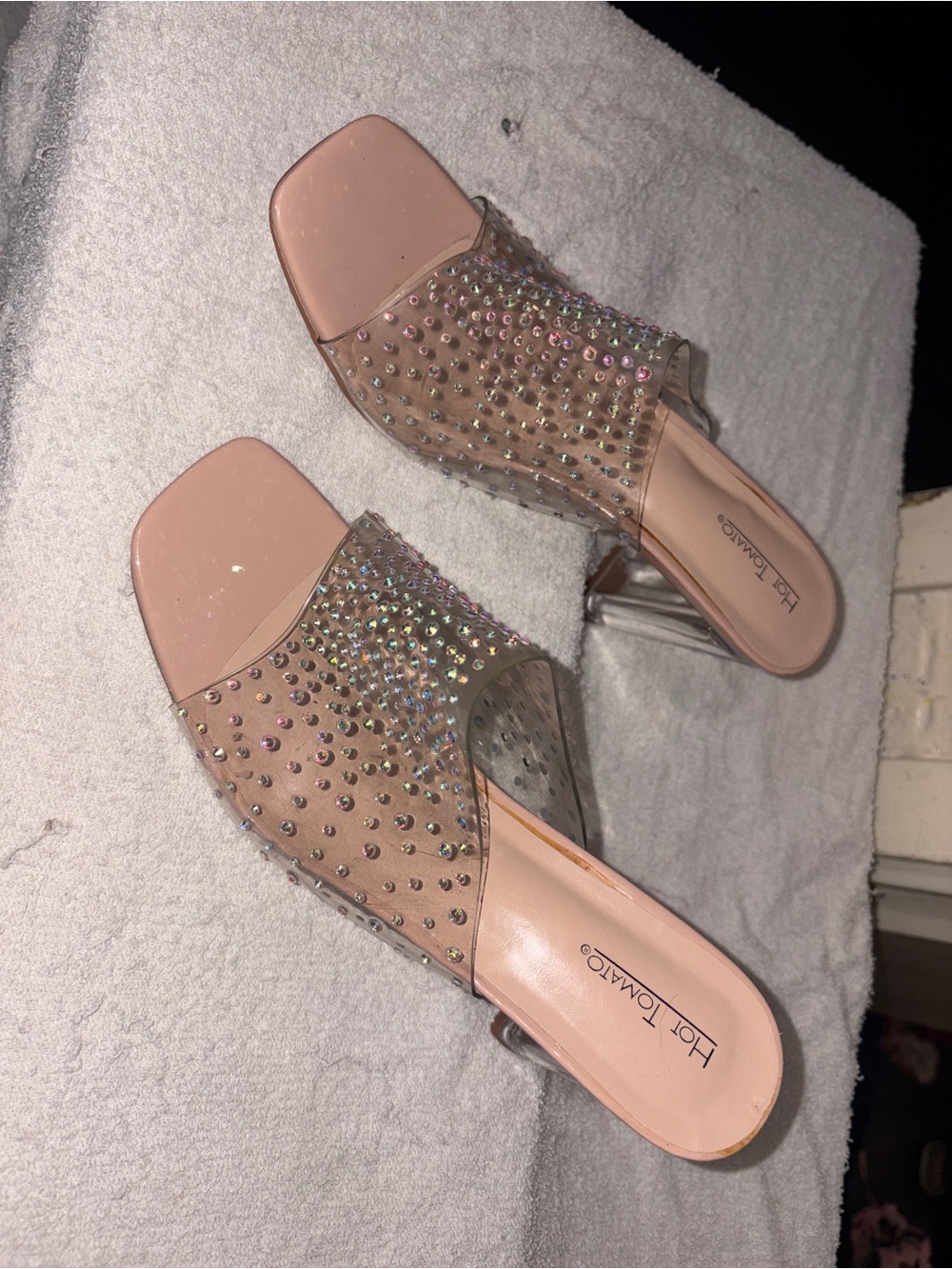 Hot Tomato Blush Pink Rhinestone Clear Strap Slide Heels